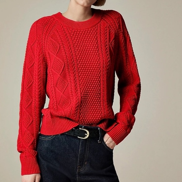NWT J.Crew Cotton Cable-Knit Fisherman Sweater BM302 / Holiday Red - NWT - Picture 1 of 11